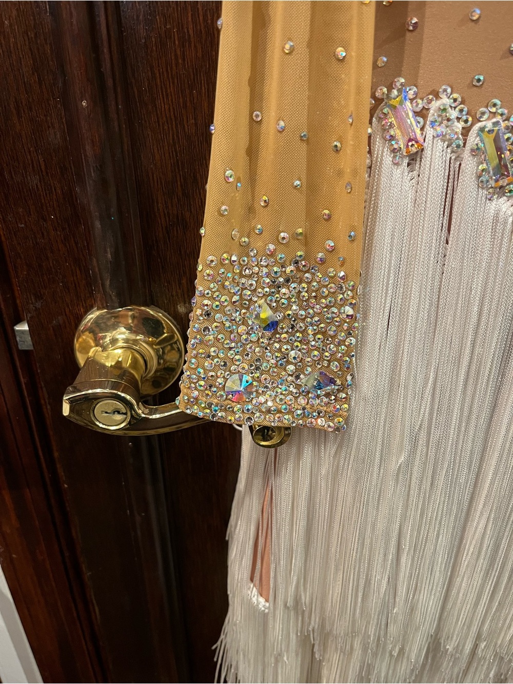 Tan Long-Sleeve Fringe Dance Dress with Crystal Accents - Picture 5 of 8